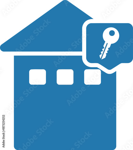 A blue house icon with a key in a speech bubble, representing real estate or property access.
