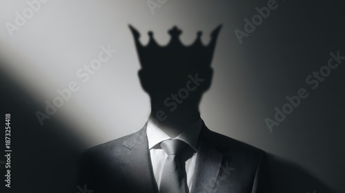Authority crown shadow leadership power ego suit business silhouette king figure authority shadow suggests leadership power and ego business man