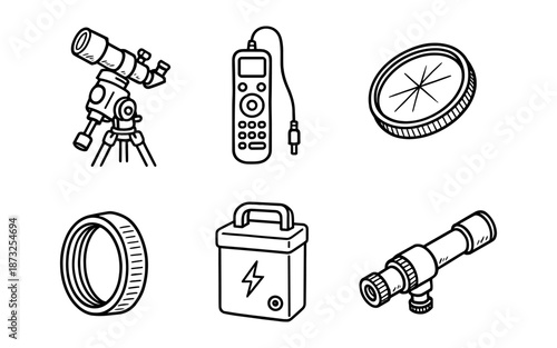 Hand-drawn icons of astronomical equipment and accessories for stargazing