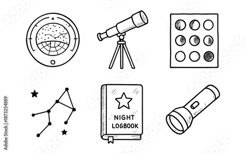 Hand-drawn astronomy icons for stargazing and night sky observation