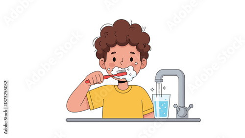 Boy brushing teeth with toothbrush and glass of water