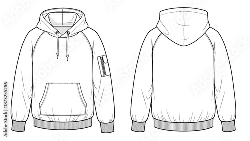 Detailed illustration of a hoodie with pocket and drawstrings from front and back views