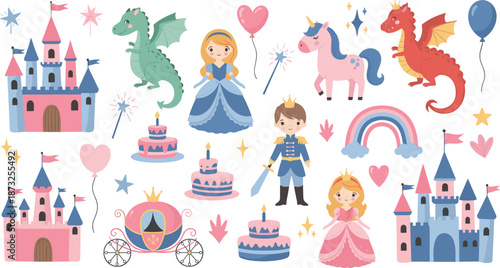 Fairy tale icon set, cartoon castles dragons unicorn prince princess and magic items, flat vector illustration, fantasy theme