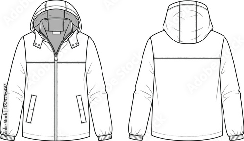 Hooded jacket technical sketch, zip-up front with seam and pocket details, flat vector illustration, fashion garment construction template