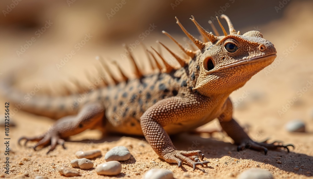 Fototapeta premium Thorny devil rests on sand. Lizard camouflages well in arid desert terrain. Reptile with spikes, scales shows adaptation, survival. Creature poses on sandy ground in nature. Macro shot displays