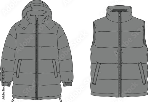 Puffer jacket and vest sketch, quilted outerwear with zipper and pockets, flat vector illustration, winter garment design template