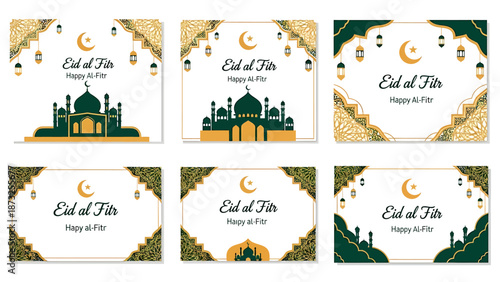 Eid al-Fitr Greeting Card Templates Featuring Islamic Architecture and Crescent Moon Motifs