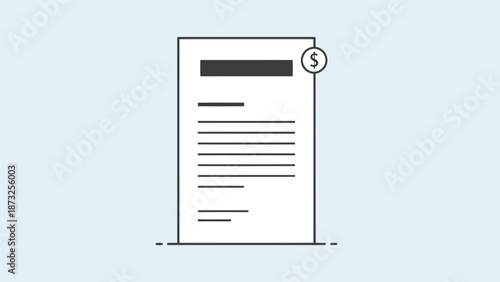 Document paper with text lines and dollar sign icon at top right corner isolated on light blue background
