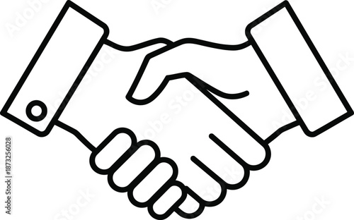 Black outline handshake icon showing two people shaking hands isolated on a white background