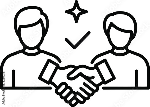 Handshake icon with two figures and check mark showing partnership or agreement on white background