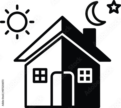 Day and night concept icon splitting house into light exterior with sun and dark interior with moon and star representing time difference management