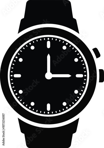 Analog wristwatch black silhouette displaying time on circular face with hour minute hands and strap modern accessory for timekeeping