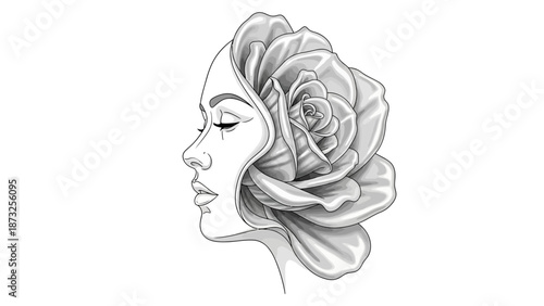 A striking black and white illustration of a woman's profile seamlessly merging with a large, blooming rose.