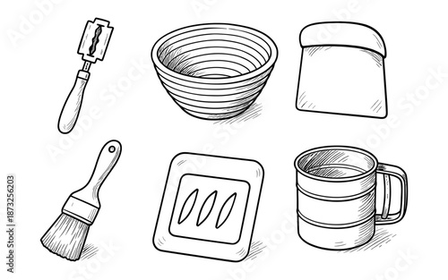 Hand-drawn baking tools including a dough scraper, bowl, brush, and scoring lame