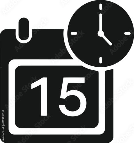 Black calendar icon with date 15 and a clock, symbolizing scheduled events or appointments