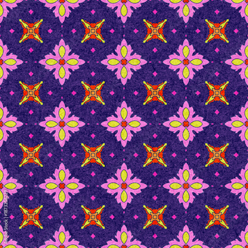 Bright Seamless Geometric Floral Diamond Pattern: Stylized Four-Petal Flower Motifs in Yellow and Pink on a Deep Textured Purple and Navy Blue Background.
