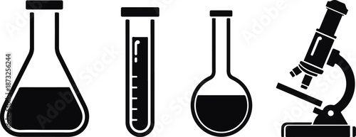 Black Icons of Scientific Laboratory Glassware Erlenmeyer Flask Test Tube Round Flask and Microscope