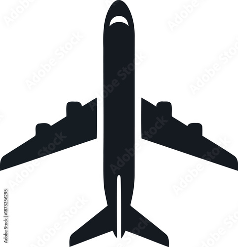 Top view black silhouette icon of commercial passenger airplane for aviation travel and flight symbol design