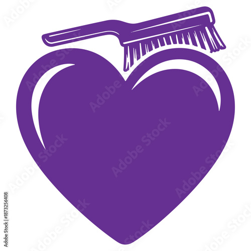Purple Heart Shape with Hair Brush Silhouette  Hair Care and Beauty Concept