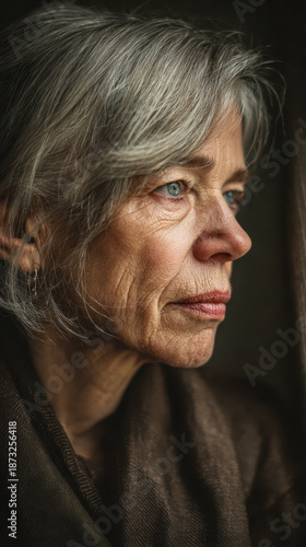 Elderly woman contemplating life, showing wisdom and experience