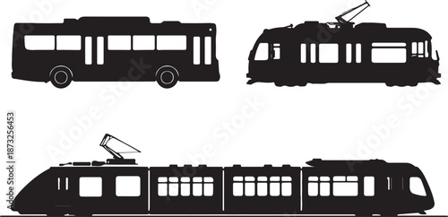 Black silhouette icons of a bus and two different types of trains on a white background tram trolleybus