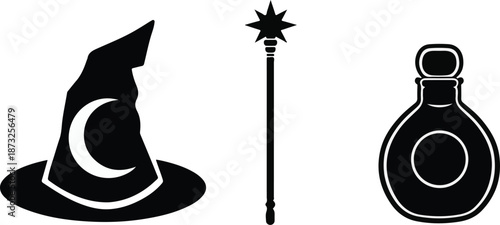 Black Silhouette Graphics of Witch Hat, Star Wand, and Potion Bottle on White Background wizard hat