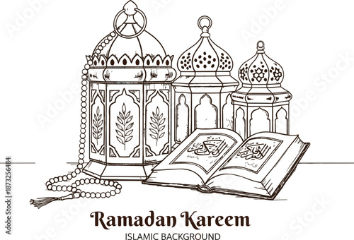 Detailed line art vector of three decorative Ramadan lanterns with the Holy Quran and tasbih prayer beads illustration.