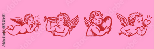 Hand drawn romantic cupid cherub doodles with food and drink for valentine designs and playful love themed illustrations