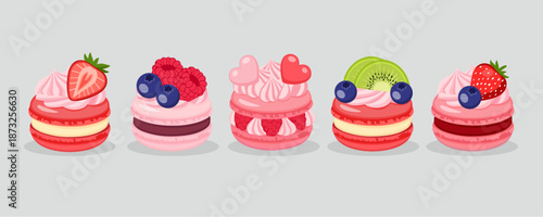 Set of Fancy French Macarons with Whipped Cream, Berries, and Heart Decorations - Gourmet Macaron Collection with Strawberry, Raspberry, Kiwi, and Blueberry Toppings.