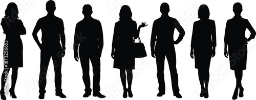 Seven business professionals in various poses in silhouette