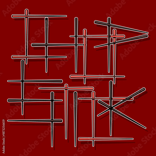 Red and brown chopsticks arranged to form the word "CHOPSTICK" on a maroon background. National Chopsticks Day, February 6th.