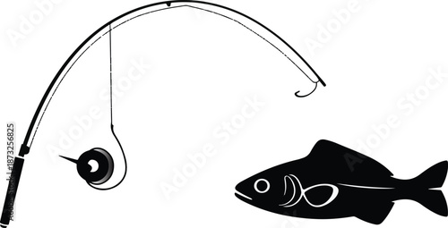 Black Silhouette of a Fishing Rod with Reel and a Single Fish on a White Background vector illustration