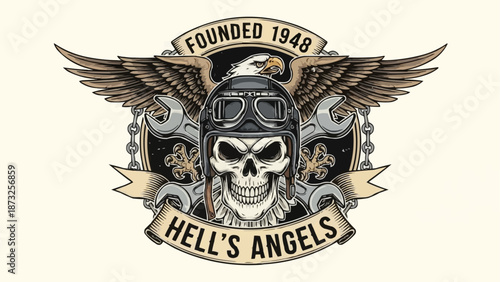 Hells Angels Motorcycle Club Emblem with Skull and Wings.