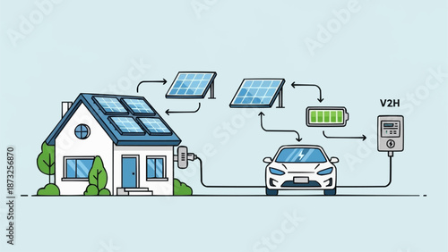 Home solar power system charging electric vehicle with battery storage.