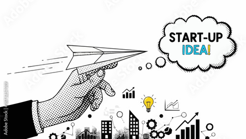 Hand Launches Paper Airplane with Startup Idea Cloud and Business Graphics.