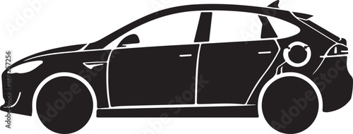 Black Silhouette of an Electric Car with Charging Port Symbol on White Background Keywords: electric car, vehicle, sedan, automobile, silhouette, black, white, isolated, transportation, travel