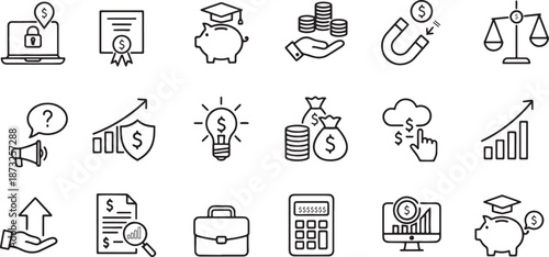 Collection of hand drawn finance and business icons isolated on transparent background