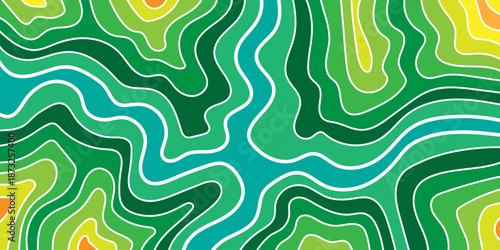 Abstract contour map background with green and yellow flowing lines representing topography and natural landscapes for design