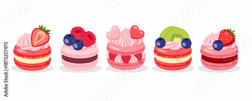 Set of Fancy French Macarons with Whipped Cream, Berries, and Heart Decorations - Gourmet Macaron Collection with Strawberry, Raspberry, Kiwi, and Blueberry Toppings.