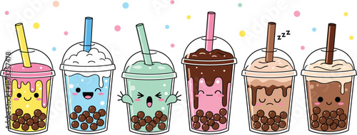 Kawaii cute bubble tea character vector set with various flavors and facial expressions in plastic cups with tapioca pearls.