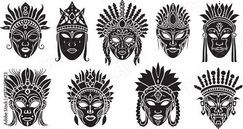 Collection of Black and White Tribal Mask Silhouettes with Feather Headdresses indigenous