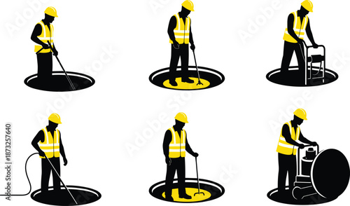 Sewer maintenance worker silhouette set, industrial manhole safety technician vector illustration isolated on white background