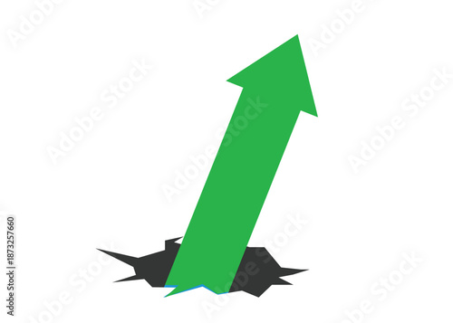 Large Green Business Arrow Emerging from a Hole, rising Up, Representing Economic and Business Breakthrough, Recovery, and Profit Growth