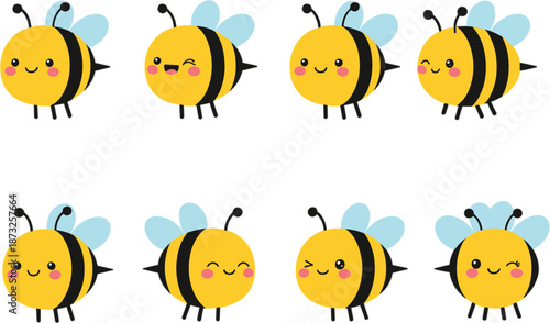 Cute kawaii bumblebee character vector set with various facial expressions flying and winking for spring and summer designs.