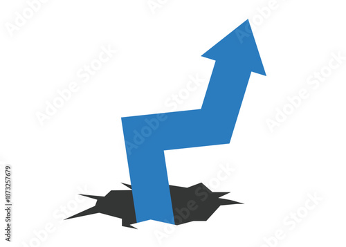 Large Blue Business Arrow Struggling Upward in Zigzag. Rising Up from a Hole Representing Hard Recovery and Resilient Growth