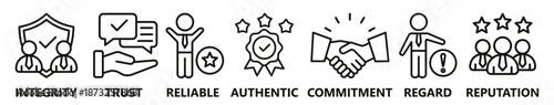 Trust and integrity business icons in clean outline style for corporate and branding projects,