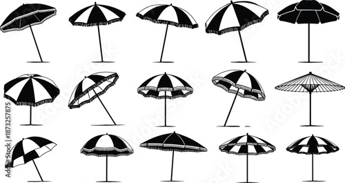 Beach umbrella silhouette collection, summer parasol set seaside sun shade icons isolated vector illustration design