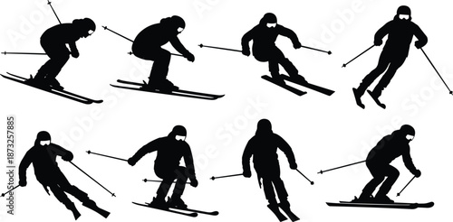 Skier silhouette action set, downhill alpine skiing poses winter sport athletes isolated vector illustration collection