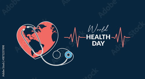 World health day illustration featuring a global heart and stethoscope symbol