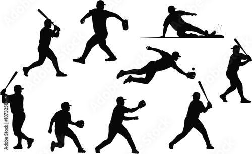 Baseball player silhouette set, athletes batting pitching catching sliding actions isolated sports illustration vector